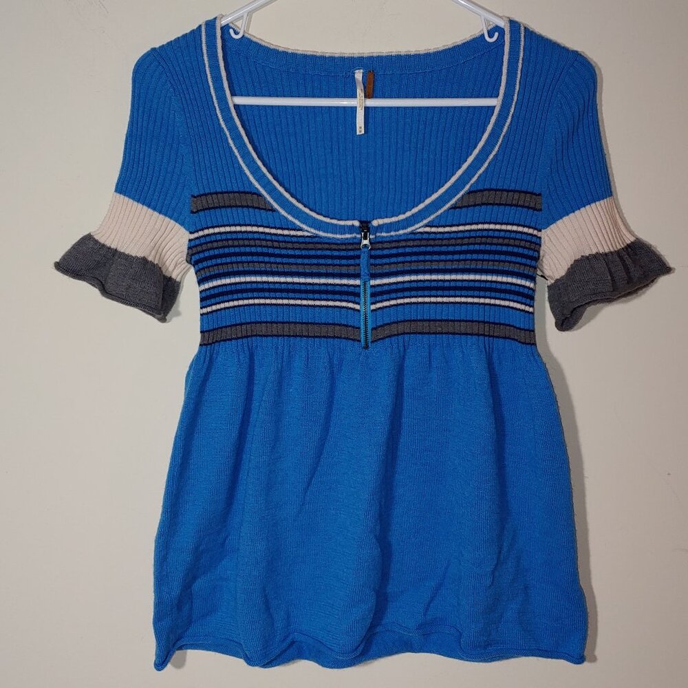 Free People Crew Neck 1/4 Zip Wool Blend Short Sleeves Babydoll Top Blue Size M